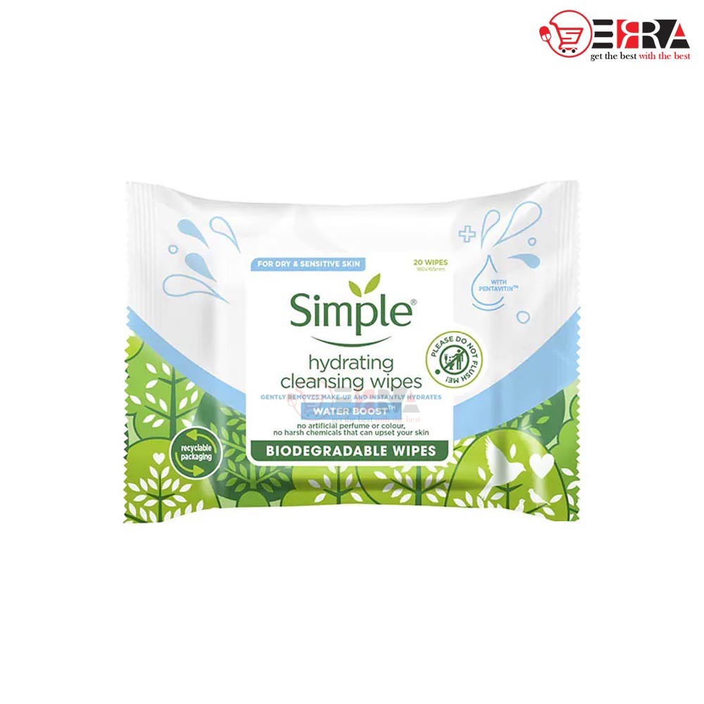 Simple Hydrating cleansing Biodegradable Micellar Facial Wipes 20pc